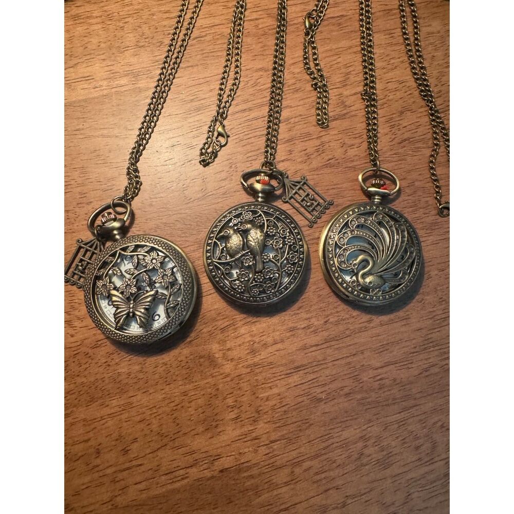 Whimsical Cottage Butterfly Pocket Watch Bronze Toned Set of 3